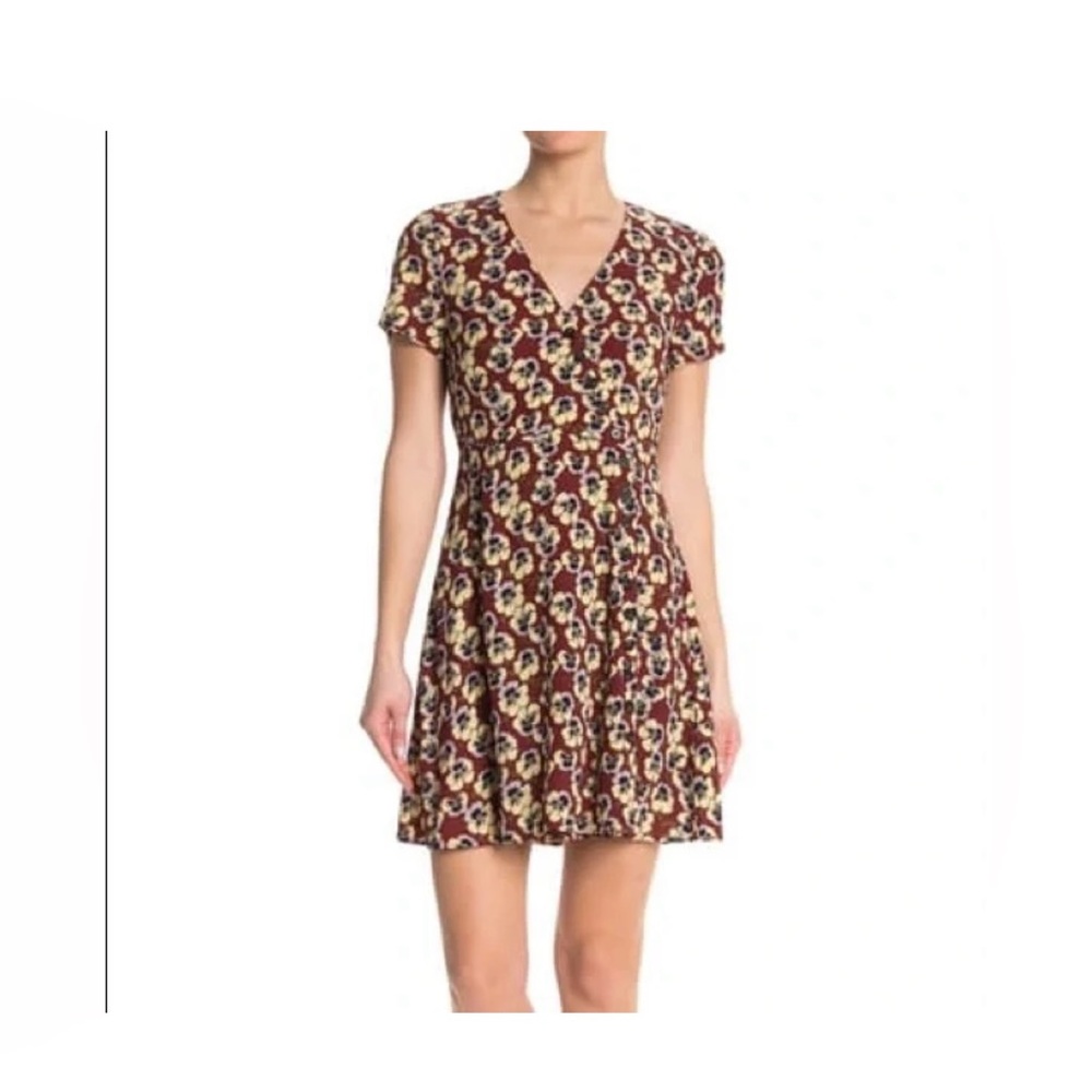 Madewell Floral V-Neck Dress, burgundy with yellow and purple flowers. Size 4